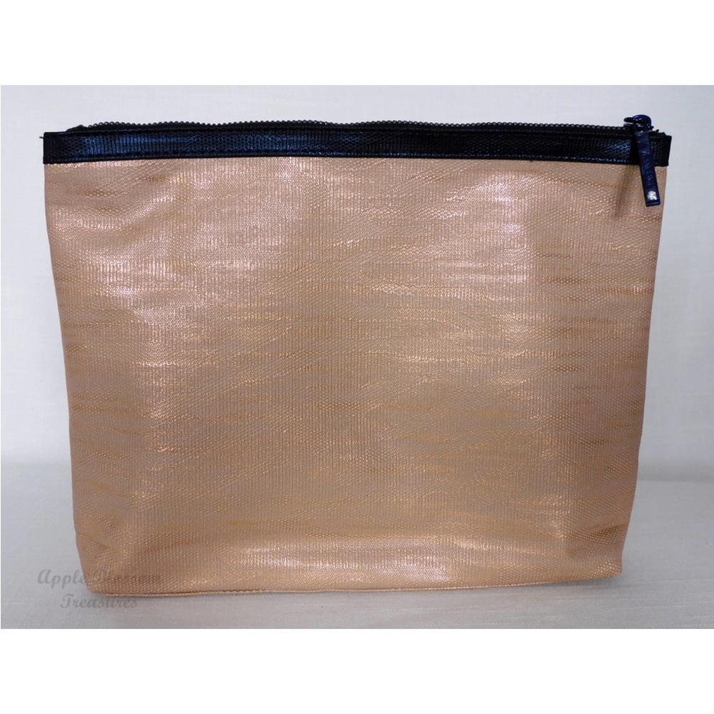 Lancome Metallic Rose Gold w/Navy Zip Pull Cosmetic Makeup Travel Bag Case Pouch